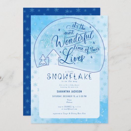 ブルーリトルスノーフレーク素晴らしい冬の赤ちゃんシャワー 招待状 (正面/裏面)