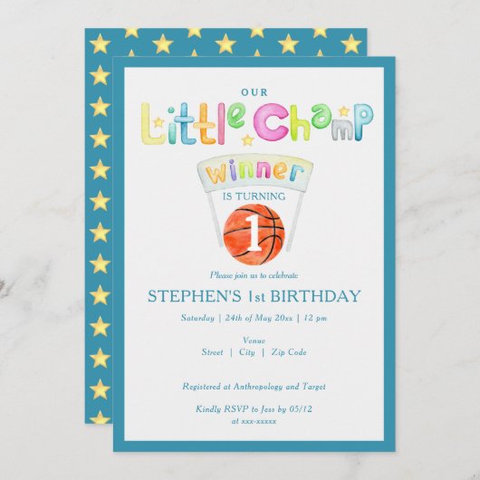 ブルーリトルチャンプバスケットボールナイエイジボーイ誕生日 招待状 (正面/裏面)