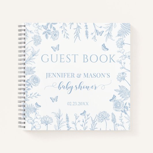 ブルーリトルバタフライ男の赤ちゃんシャワーゲストブック ノートブック (正面)