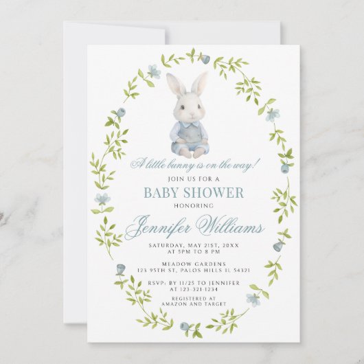 ブルーリトルバニー春イースター男の赤ちゃんシャワー 招待状 (正面)