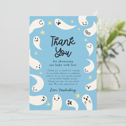 ブルーリトルブハロウィーン赤ちゃんシャワー サンキューカード (スタンド正面)