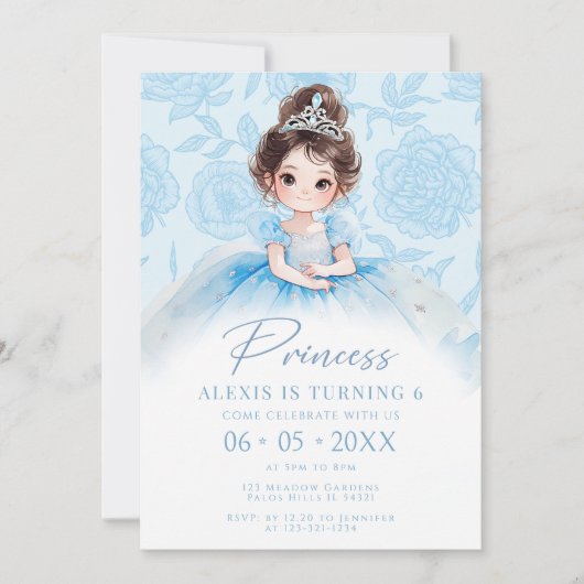 ブルーリトルプリンセス王室の誕生日ガール 招待状 (正面)