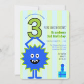 ブルーリトルモンスター3rdバースデーボーイおもしろいかわいい 招待状 (正面)