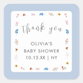 ブルーリトルワイルドフラワーベビーシャワーありがとう スクエアシール