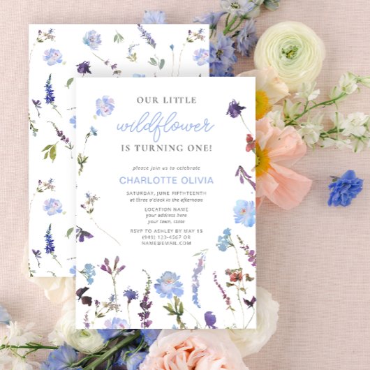 ブルーリトルワイルドフラワー水彩1st誕生日 招待状