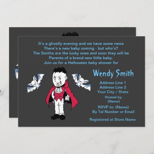 ブルーリトルヴァンパイアベビーシャワー招待状カード 招待状 (正面/裏面)