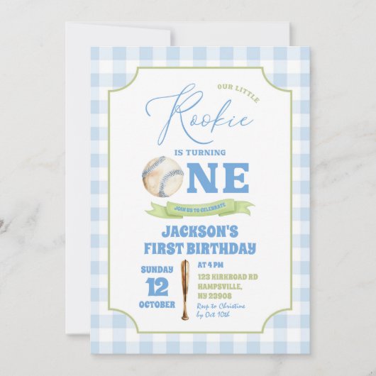 ブルーリトル名門私立校風のルーキーベースボール誕生日 招待状 (正面)