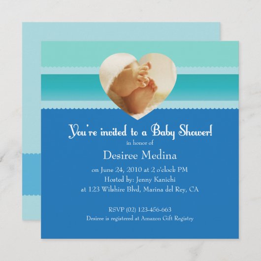 ブルーリトル足ズベビーシャワー男の赤ちゃん 招待状 (正面/裏面)