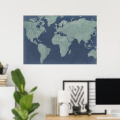 ブルーリネンの世界地図 ポスター (ホームオフィス)