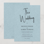 ブルーリネンシンプルブラックスクリプトウェディング招待 招待状 (正面/裏面)