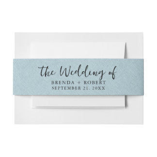 ブルーリネンミニマルテクスチャブラックスクリプト 招待状ベリーバンド