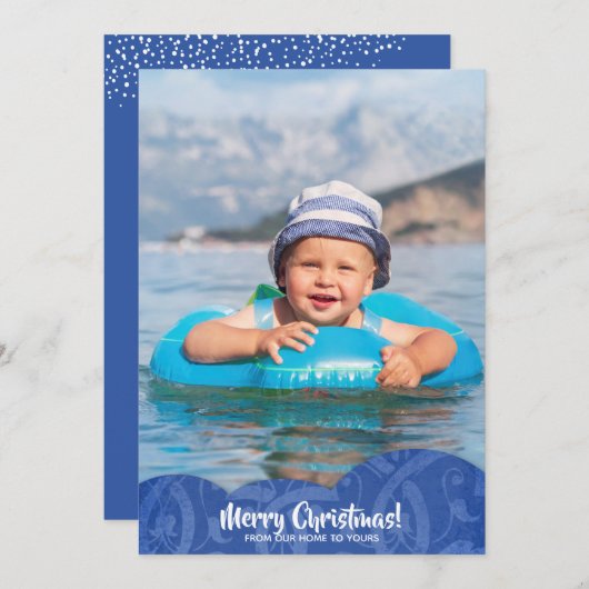 ブルーリネンFiligree写真クリスマスホリデーカード シーズンカード (正面/裏面)