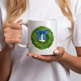 ブルーリボンのツゲのリースの陶器マグカップ コーヒーマグカップ