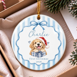 ブルーリボンのペットのファーストクリスマスオーナメント セラミックオーナメント