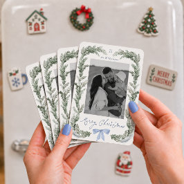 ブルーリボンのリースの植物クリスマス写真 マグネット