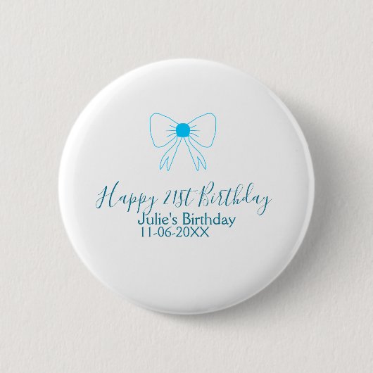 ブルーリボンの可愛い21歳の誕生日 名前と日付入り ガールズファッション 缶バッジ (正面)