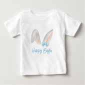 ブルーリボンの水彩イースターウサギの耳 スプリング ベビーTシャツ (正面)