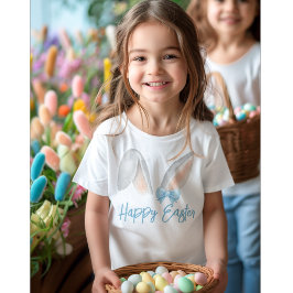 ブルーリボンの水彩イースターウサギの耳 スプリング ベビーTシャツ