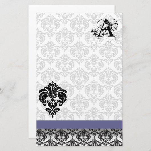 ブルーリボンブラックダマスクモノグラムリサイクル紙 便箋 (正面/裏面)