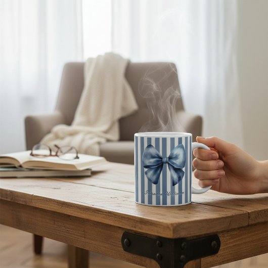 ブルーリボン水彩ストライプデザイン コーヒーマグカップ