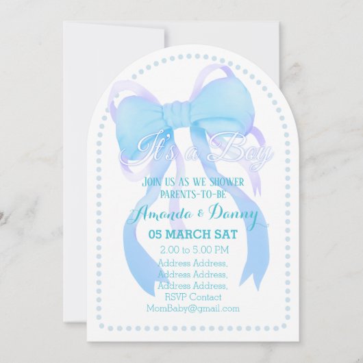 ブルーリボン男の赤ちゃんシャワーアーチ 招待状 (正面)