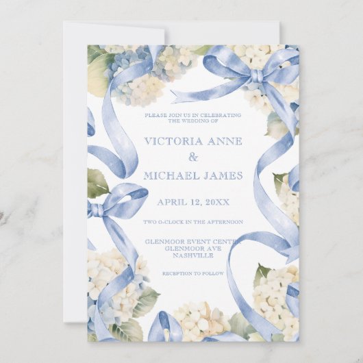 ブルーリボン&アジサイエレガントな結婚式 招待状 (正面)