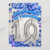 ブルーリボン & スターズ コンフェッティ 10歳の誕生日パーティー 招待状 (正面/裏面)