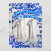 ブルーリボン & スターズ コンフェッティ 11歳の誕生日パーティー 招待状 (正面/裏面)