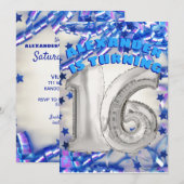 ブルーリボン & スターズ コンフェッティ 16歳の誕生日パーティー 招待状 (正面/裏面)