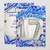 ブルーリボン & スターズ コンフェッティ 17歳の誕生日パーティー 招待状 (正面/裏面)