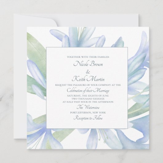 ブルーリリーウォーターカラー結婚ズスクエア 招待状 (正面)