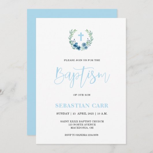 ブルーリースフローラボーイバプテスマ招待 招待状 (正面/裏面)