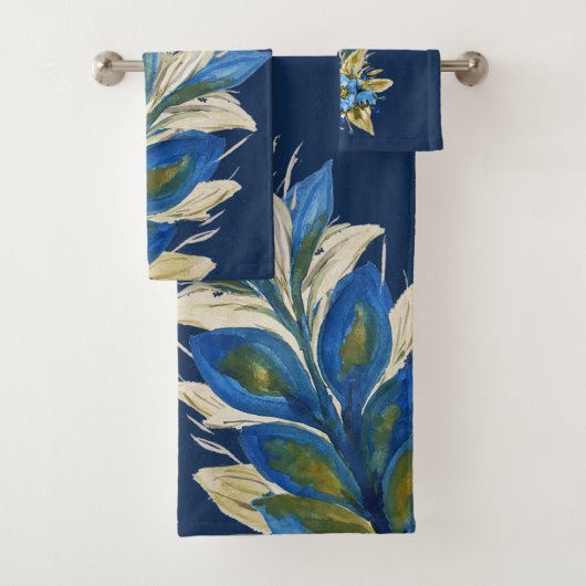 ブルーリースフローラ水彩画色彩の鮮やか面オンネイビー バスタオルセット (インサイチュ)