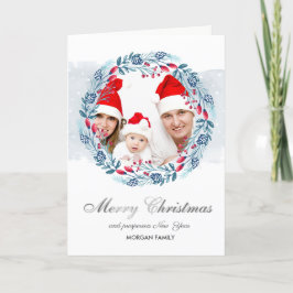 ブルーリースホリーベリーフォトメリークリスマス シーズンカード