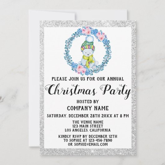 ブルーリース会社ホリデークリスマスパーティーシルバー 招待状 (正面)