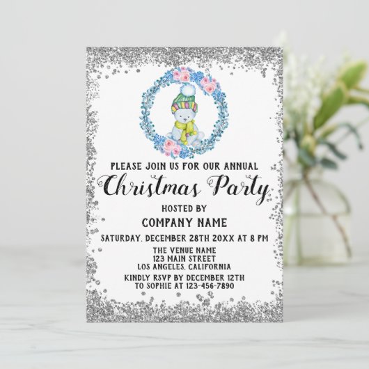 ブルーリース会社ホリデークリスマスパーティーシルバー 招待状 (スタンド正面)