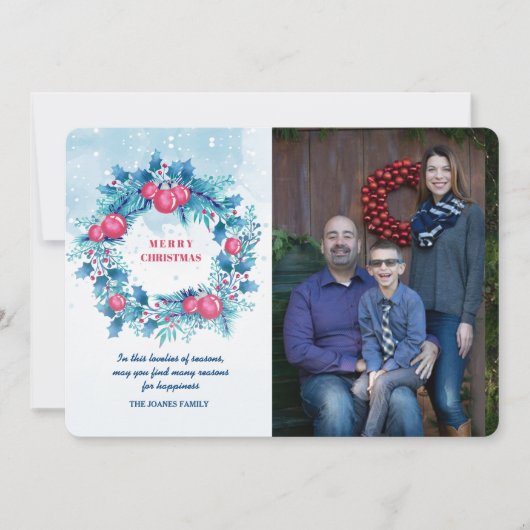 ブルーリース(赤い玉付き)フォトホリデーカード 招待状 (正面)