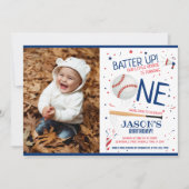 ブルールーキー野球のバッターアップ写真1st誕生日 招待状 (正面)