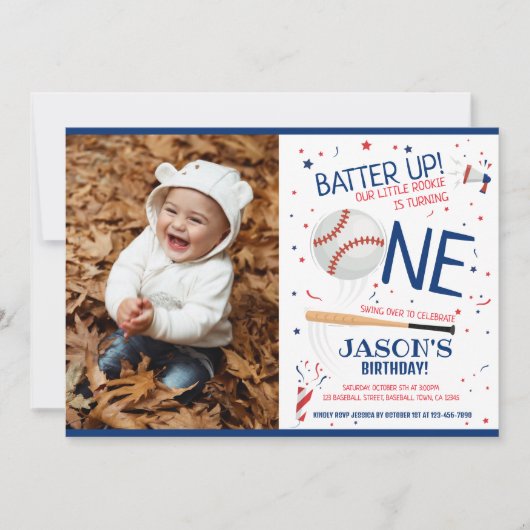 ブルールーキー野球のバッターアップ写真1st誕生日 招待状 (正面)