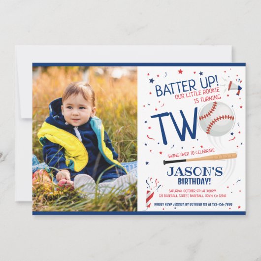 ブルールーキー野球のバッターアップ写真2回目の誕生日 招待状 (正面)