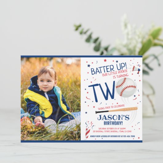 ブルールーキー野球のバッターアップ写真2回目の誕生日 招待状 (スタンド正面)