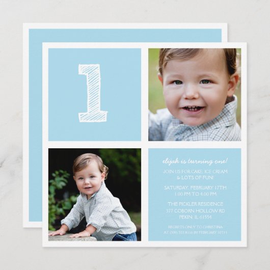 ブルールームフォースクウェア最初の誕生日パーティーフォト 招待状 (正面/裏面)