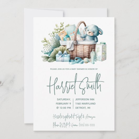 ブルーレイエット、ギフトバスケット、男の赤ちゃんシャワー 招待状 (正面)