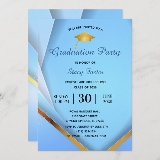 ブルーレイヤー上の卒業パーティ金ゴールド フォーマル 招待状 (正面/裏面)