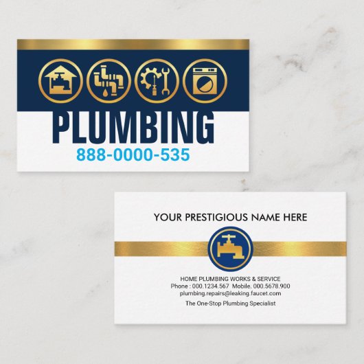 ブルーレイヤ上の給排水衛生設備配管シルエットの金ゴールド 名刺 (正面/裏面)