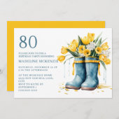 ブルーレインブーツイエローチューリップ80誕生日 招待状 (正面/裏面)