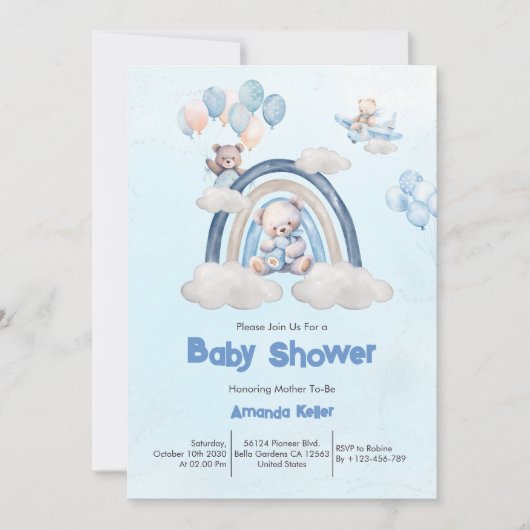 ブルーレインボーお洒落テディベア赤ちゃんシャワー 招待状 (正面)