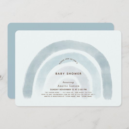 ブルーレインボーウォーターカラーボーイベビーシャワー 招待状 (正面/裏面)