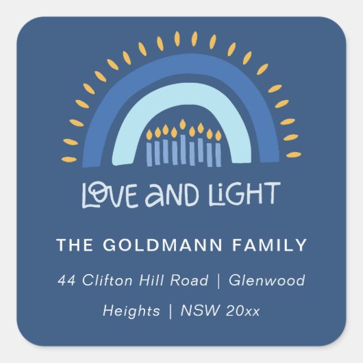 ブルーレインボーキャンドルラブ&ライトハヌッカアドレス スクエアシール (正面)