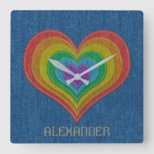 ブルーレインボーデニムジーンズ6ハートカスタマイズ名前 スクエア壁時計 (正面)